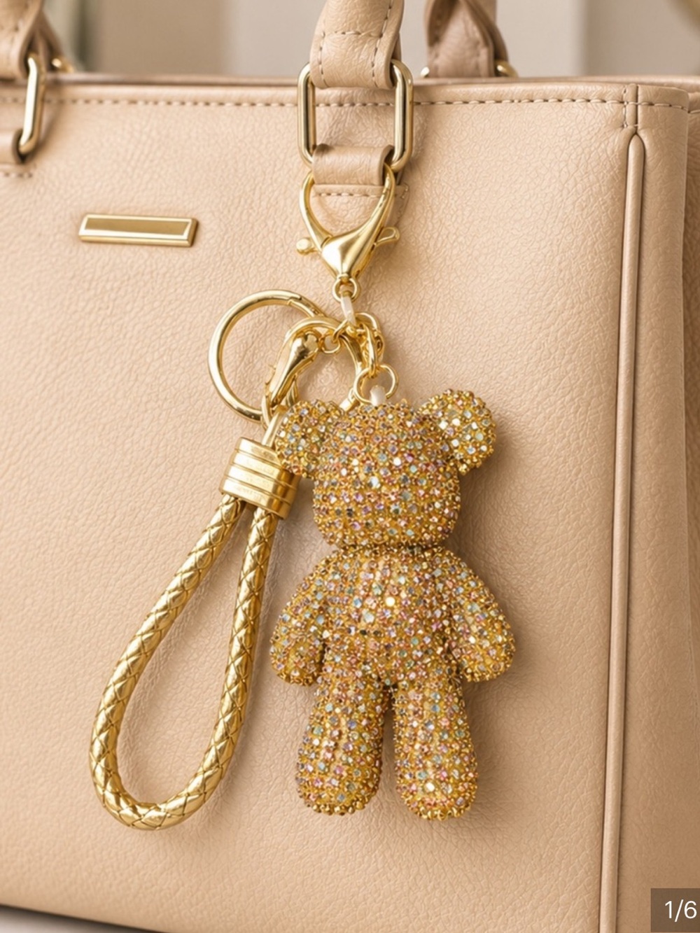 Natasha Couture Gold Multicolor Crystal Teddy Bear Keychain bag charm new